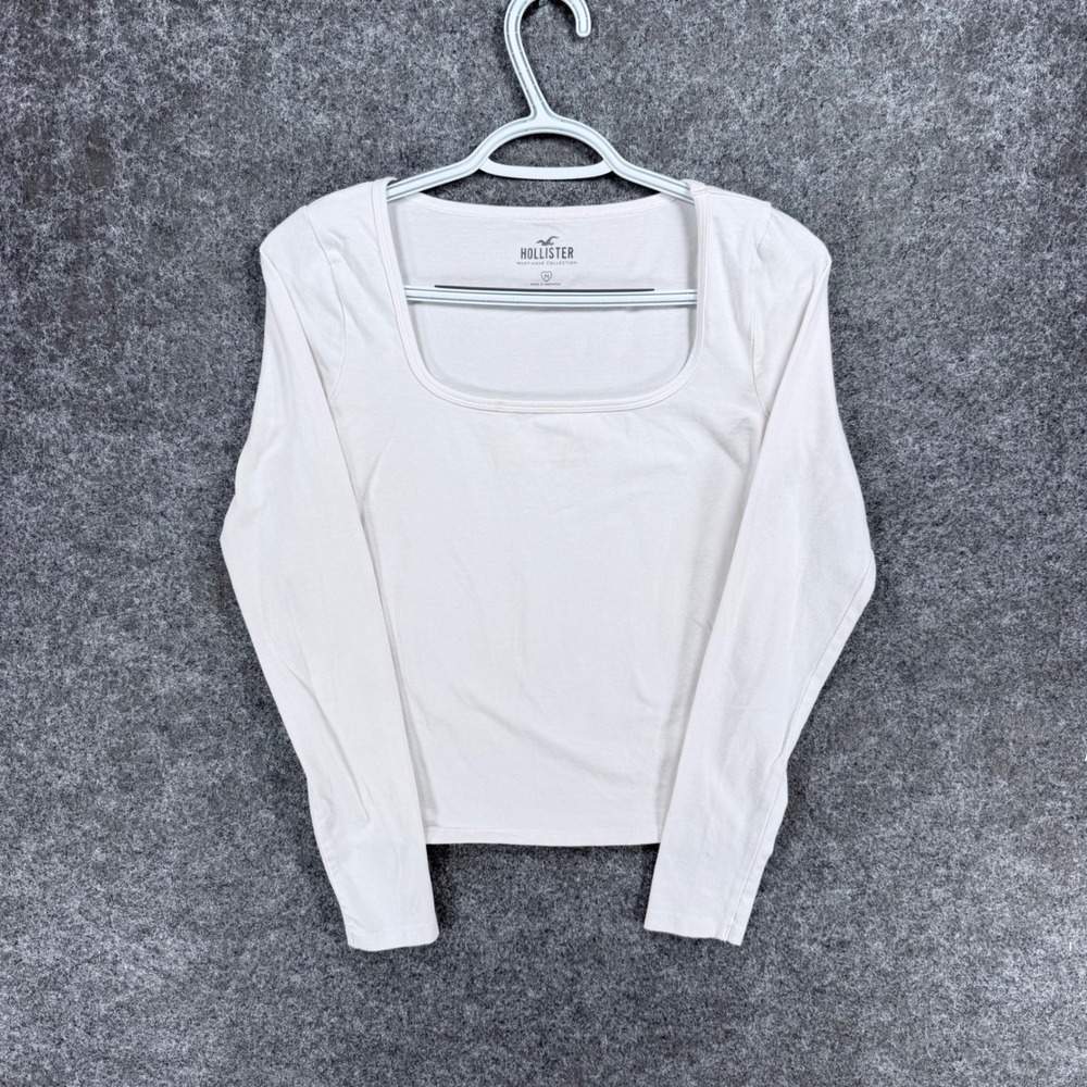 Hollister Womens M White Square Neck Long Sleeve Fitted Crop Top Stretch Cotton